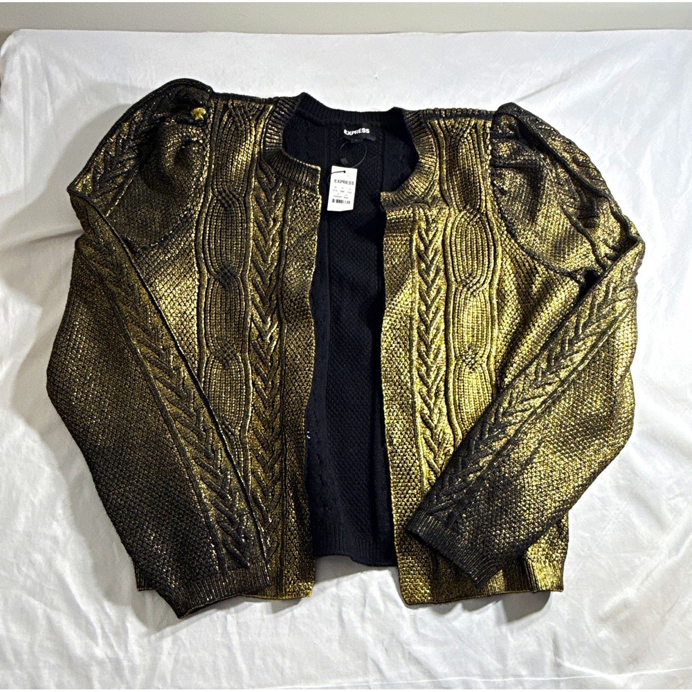 Express Women Metallic Gold Black Cable Knit Cardigan Puff Sleeve Sweater L NWT